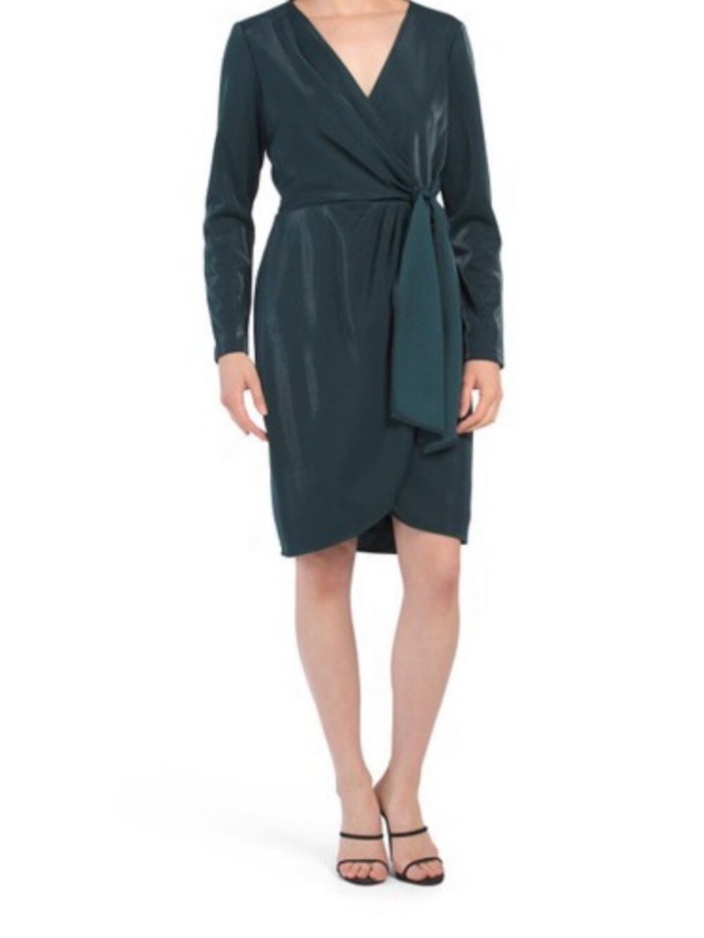 Long-Sleeve Green faux-Wrap Dress with Side Tie